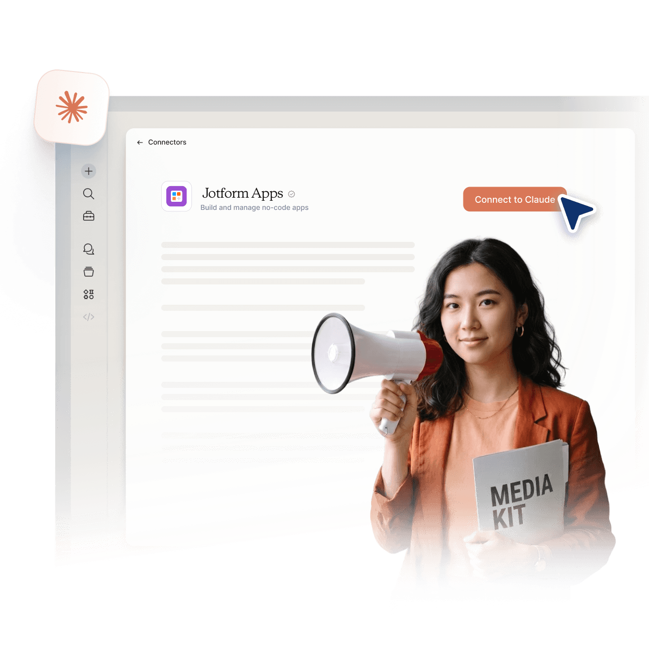 Jform Claude App Builder with a presenter holding a megaphone and media kit