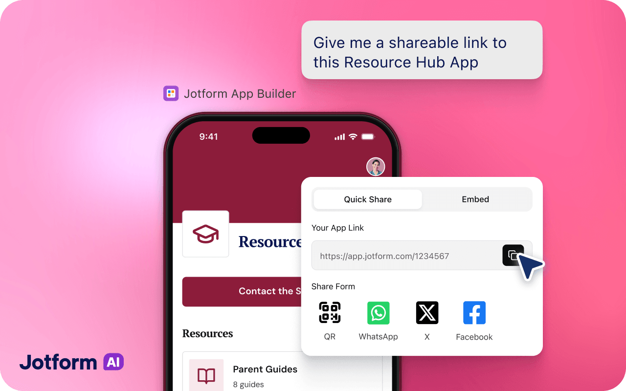 Resource Hub app sharing options with a link and QR code