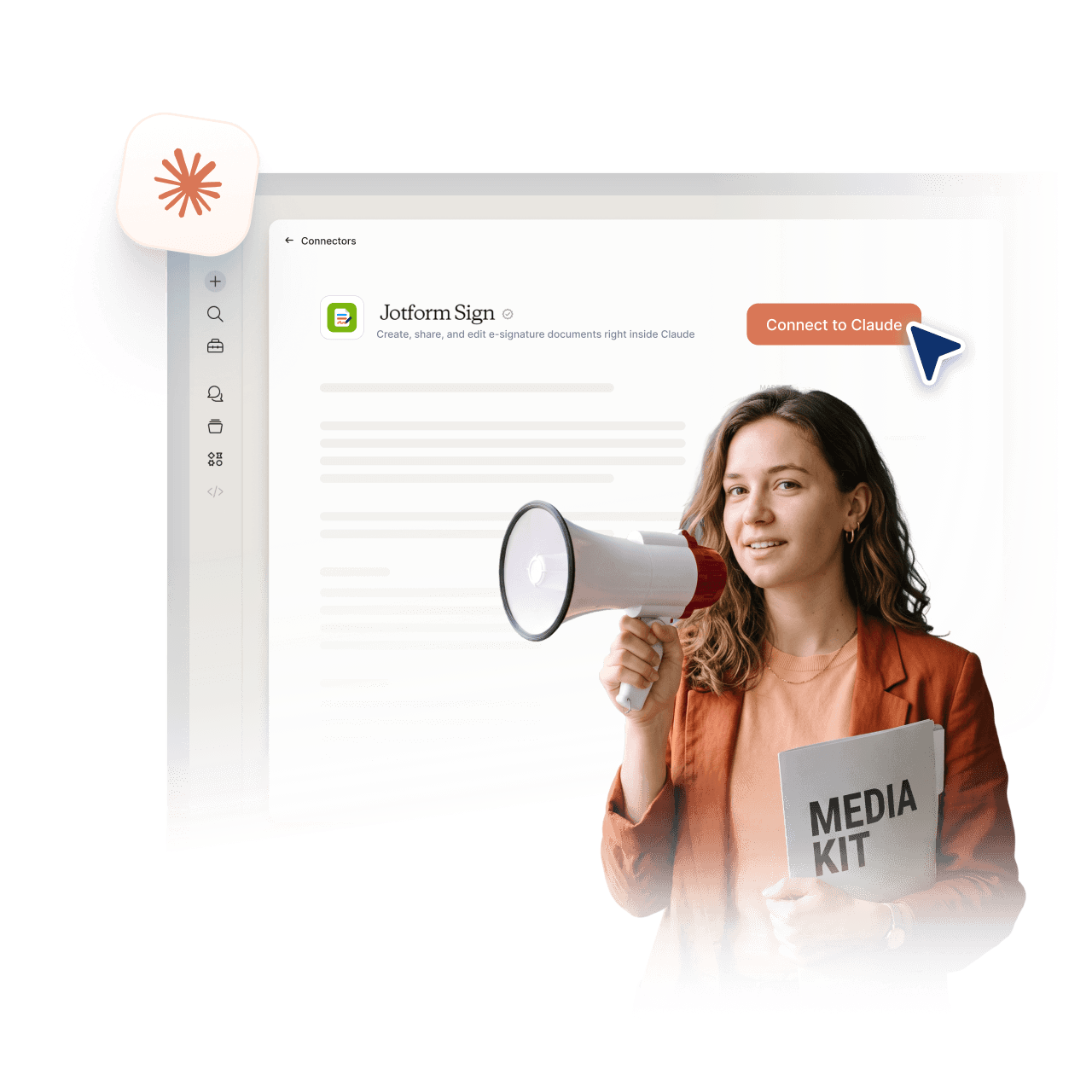 Jotform Sign for Claude with a presenter holding a megaphone and media kit