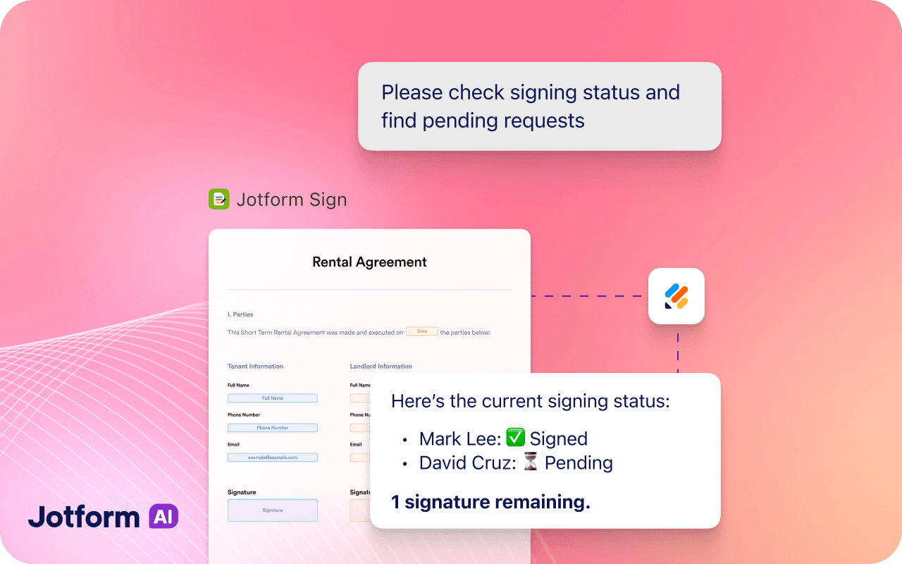 Jotform Sign showing one completed signature and one pending signature for a rental agreement