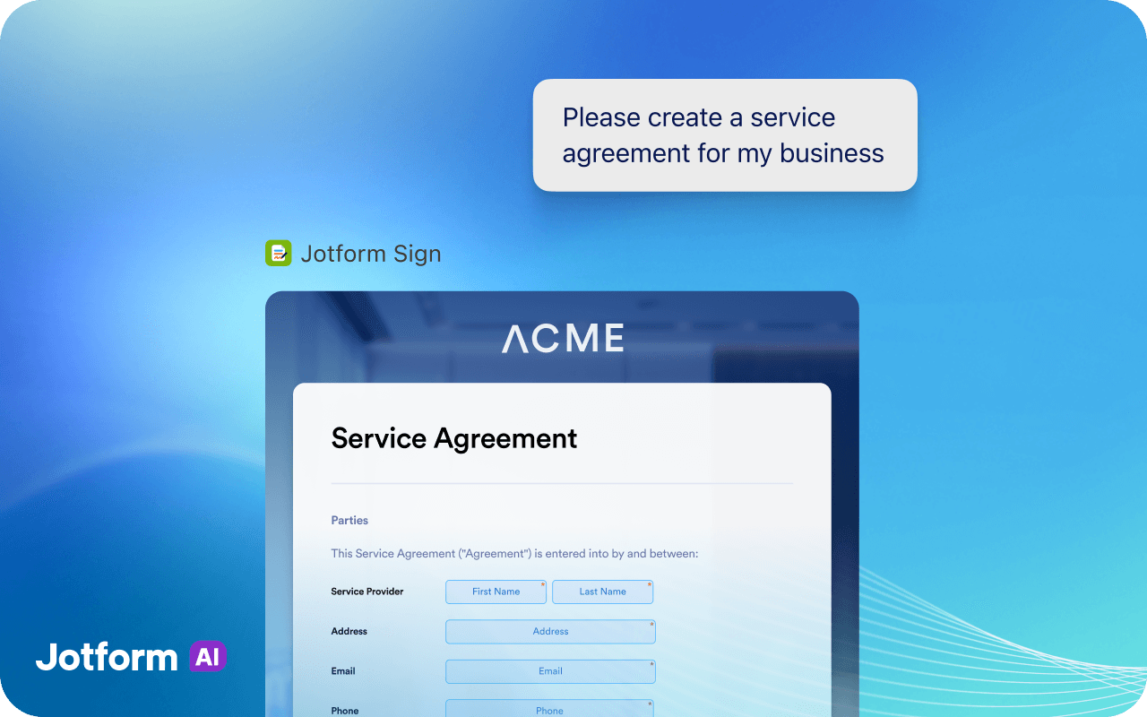 Jotform Sign generating a service agreement from a prompt in Claude