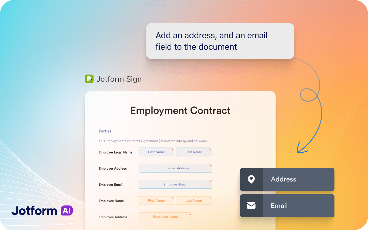 Address and email fields being added to an employment contract with Jotform Sign