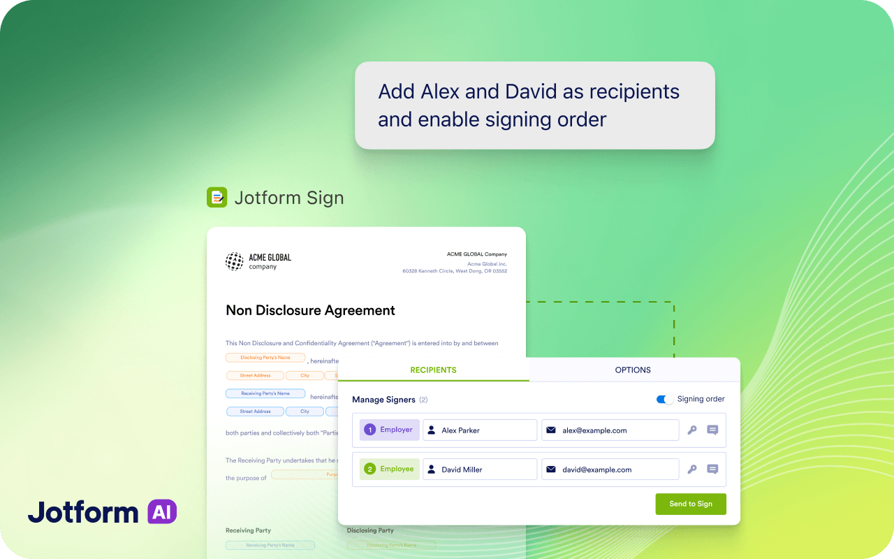 Jotform Sign recipients panel with two signers and signing order enabled for a non-disclosure agreement