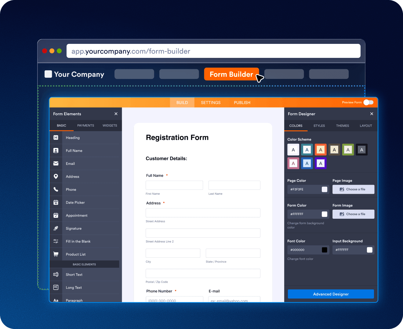 Form builder interface showing a registration form preview with fields for name and phone number, a left sidebar of draggable form elements, and a right panel for color and style customization