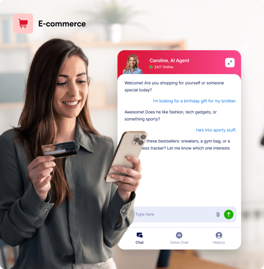 A person holds phone and credit card on her hands and next to her there is chatbot conversation about shopping