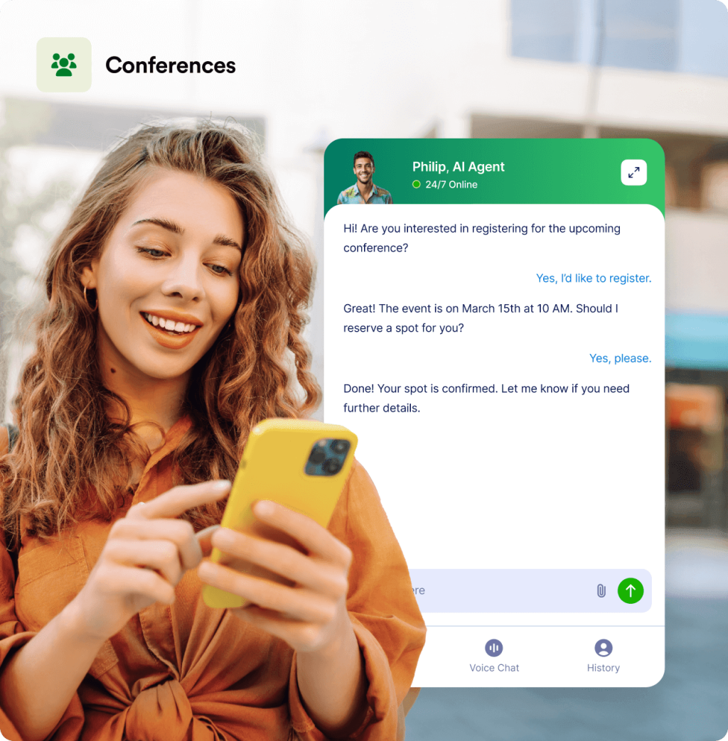A person holds a phone and next to her there is a chatbot screen shows conversation about event registration between customer and AI Agent