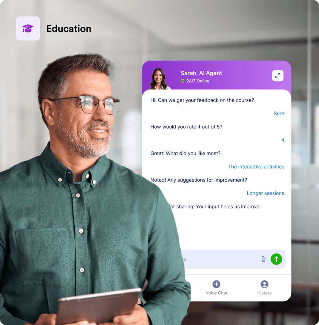 A person holds a tablet and next to her there is a chatbot screen shows conversation about feedback collection process between student and Sarah, an AI Agent