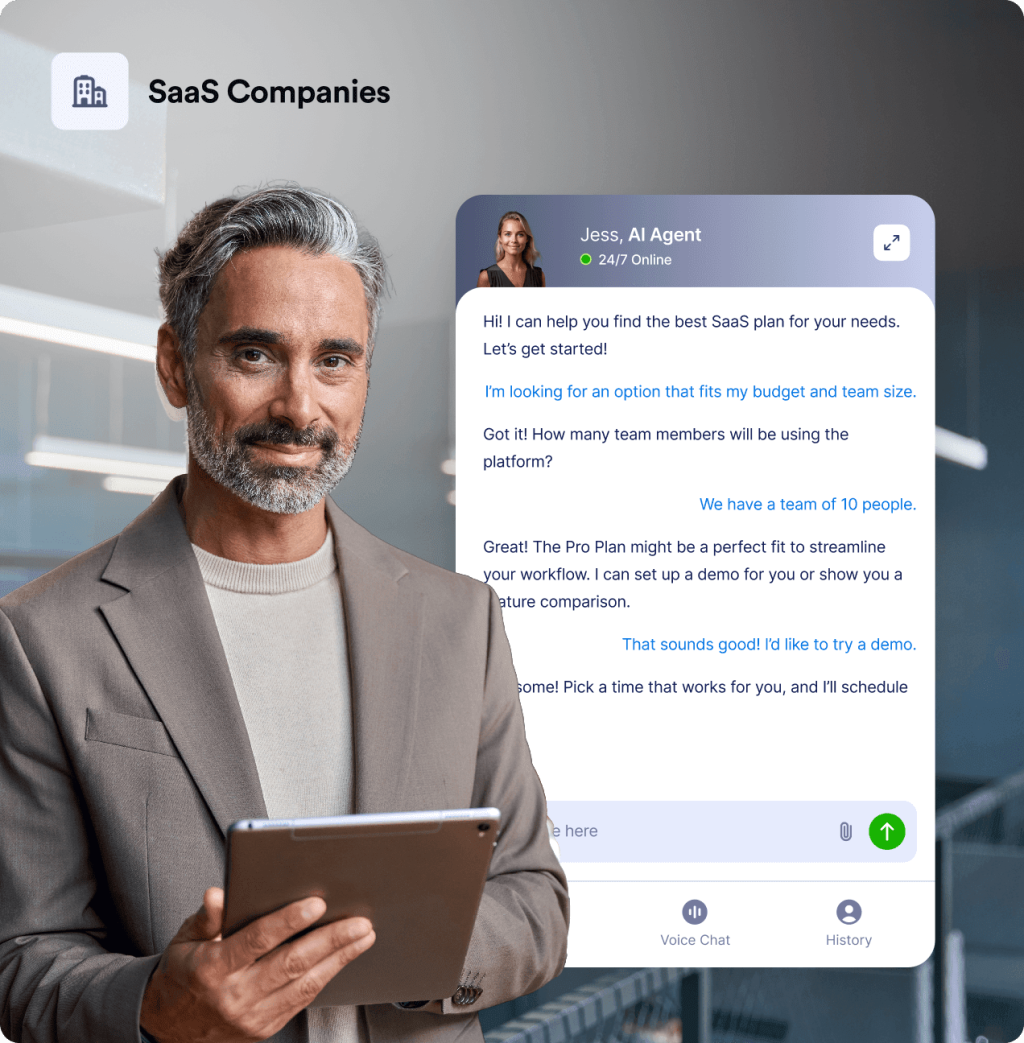 A person holds a tablet and next to her there is a chatbot screen shows conversation about products recommendation between customer and Jess, an AI Agent