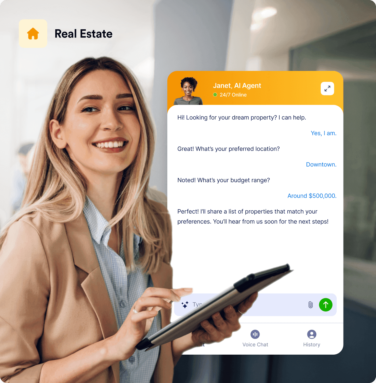 A women that holding a tablet and communicating with AI Agent