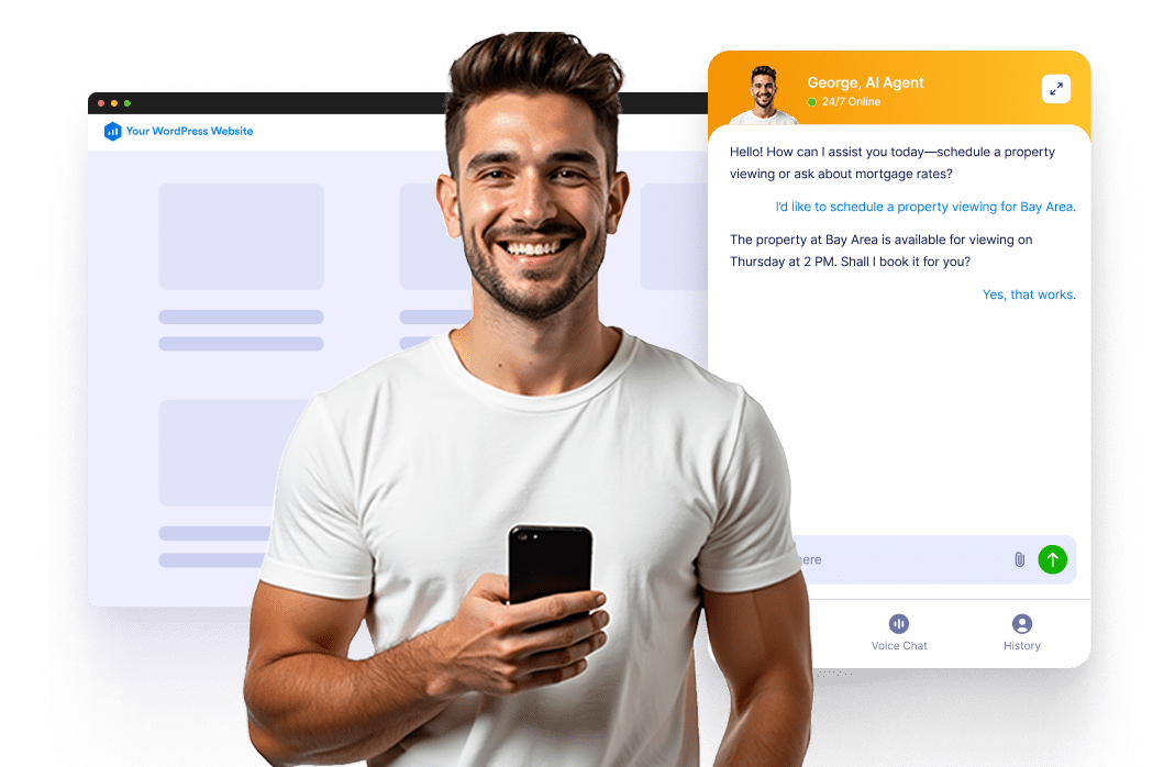 A man that holding a phone and wordpress website that has Jform AI Chatbot