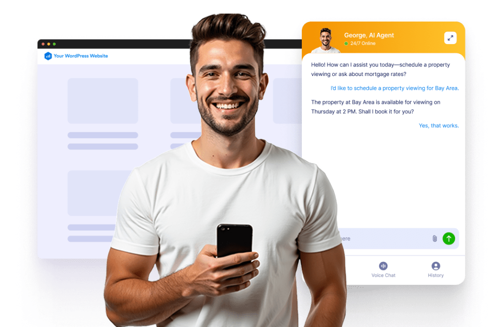 A man that holding a phone and wordpress website that has Jotform AI Chatbot