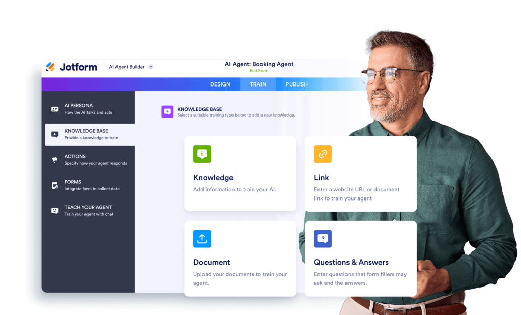 The AI Agent Builder offers knowledge, website links, documents, and questions and answers as sources for training an agent.