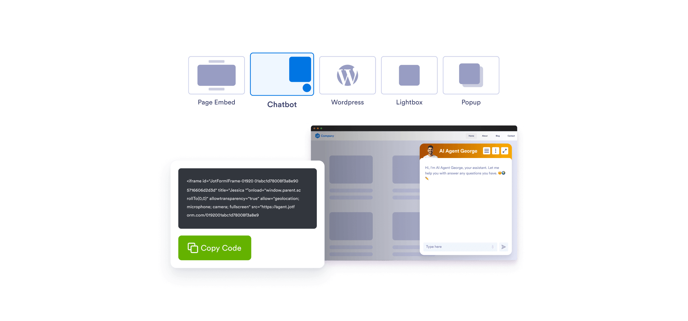 Jotform AI Agents embed options and embed preview screen
