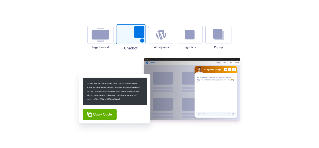 Jotform AI Agents embed options and embed preview screen