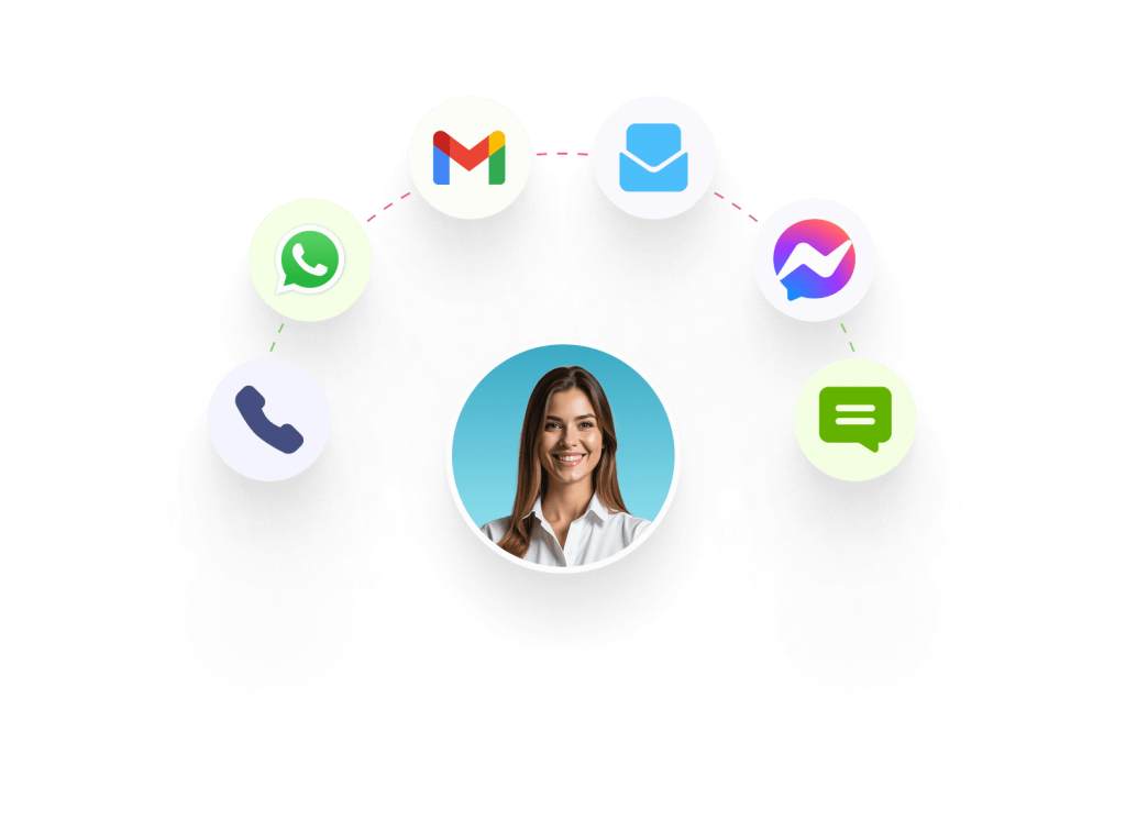 An AI Agent with popular social media logos around her