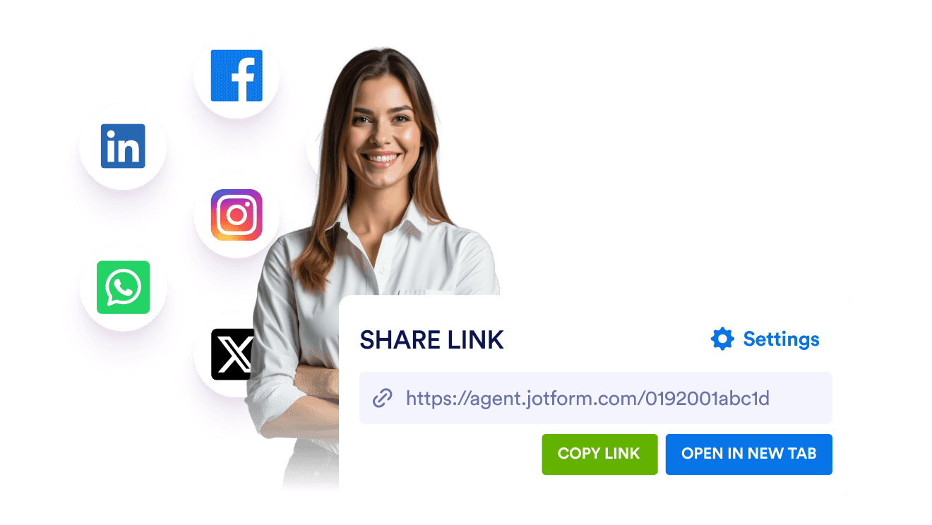AI agent share link screen and popular social media logos