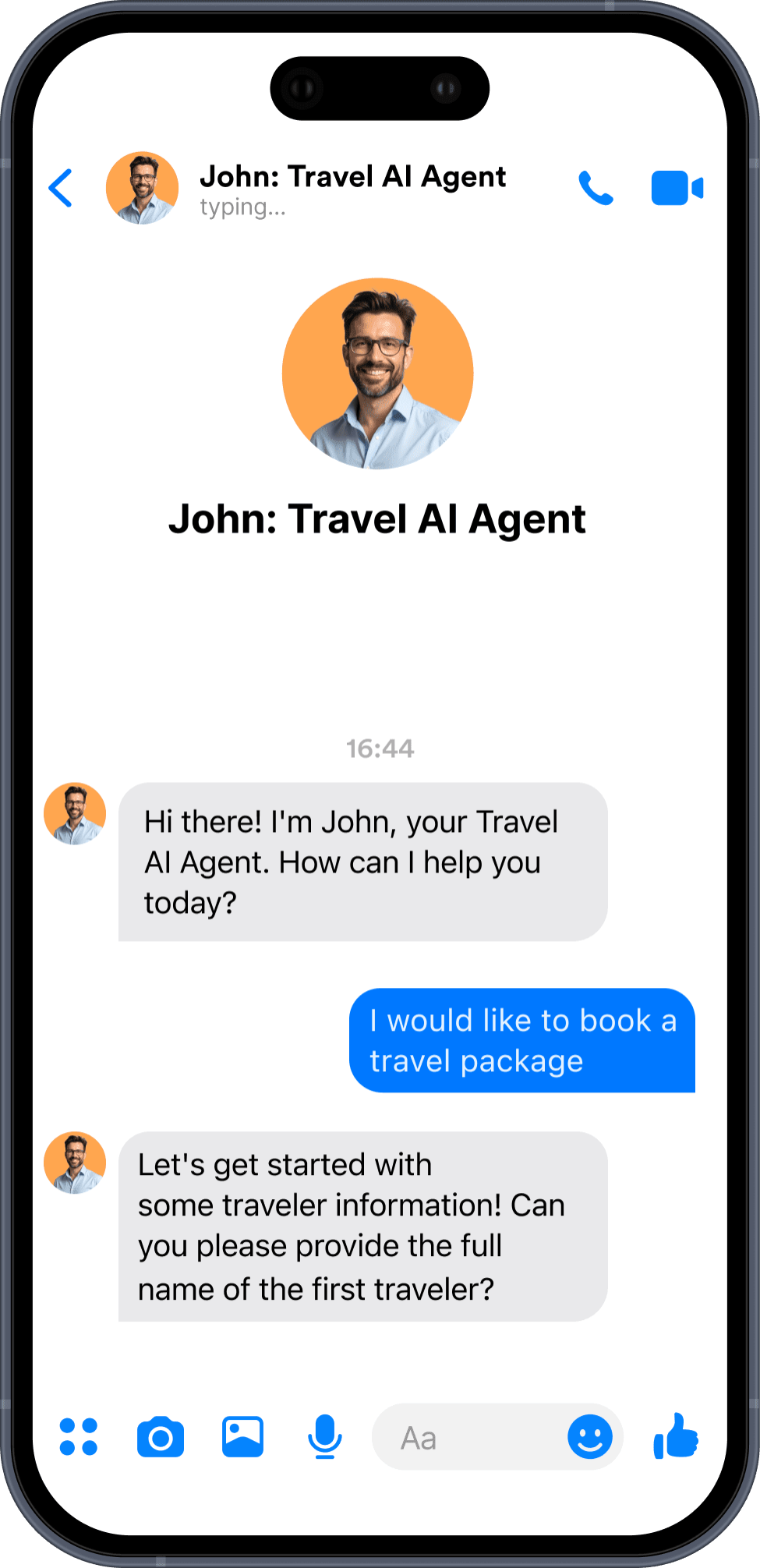 A phone screen showing WhatsApp conversation between Sarah, AI agent, and customer.