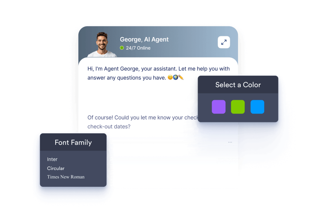 Chatbot screen that has customization options like font family and color