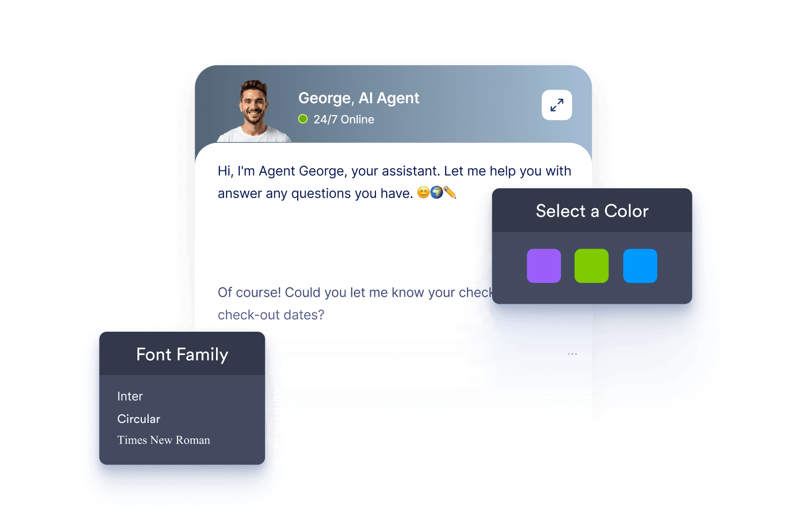 Chatbot screen that has customization options like font family and color