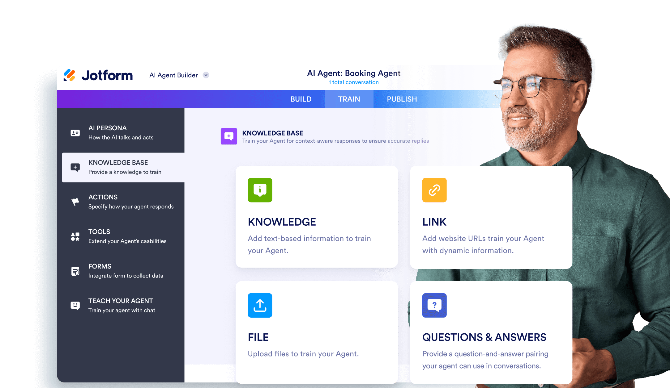 A man looking at train your agent section on Jotform AI Agent builder