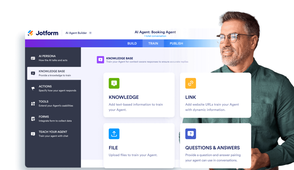 A man looking at train your agent section on Jotform AI Agent builder