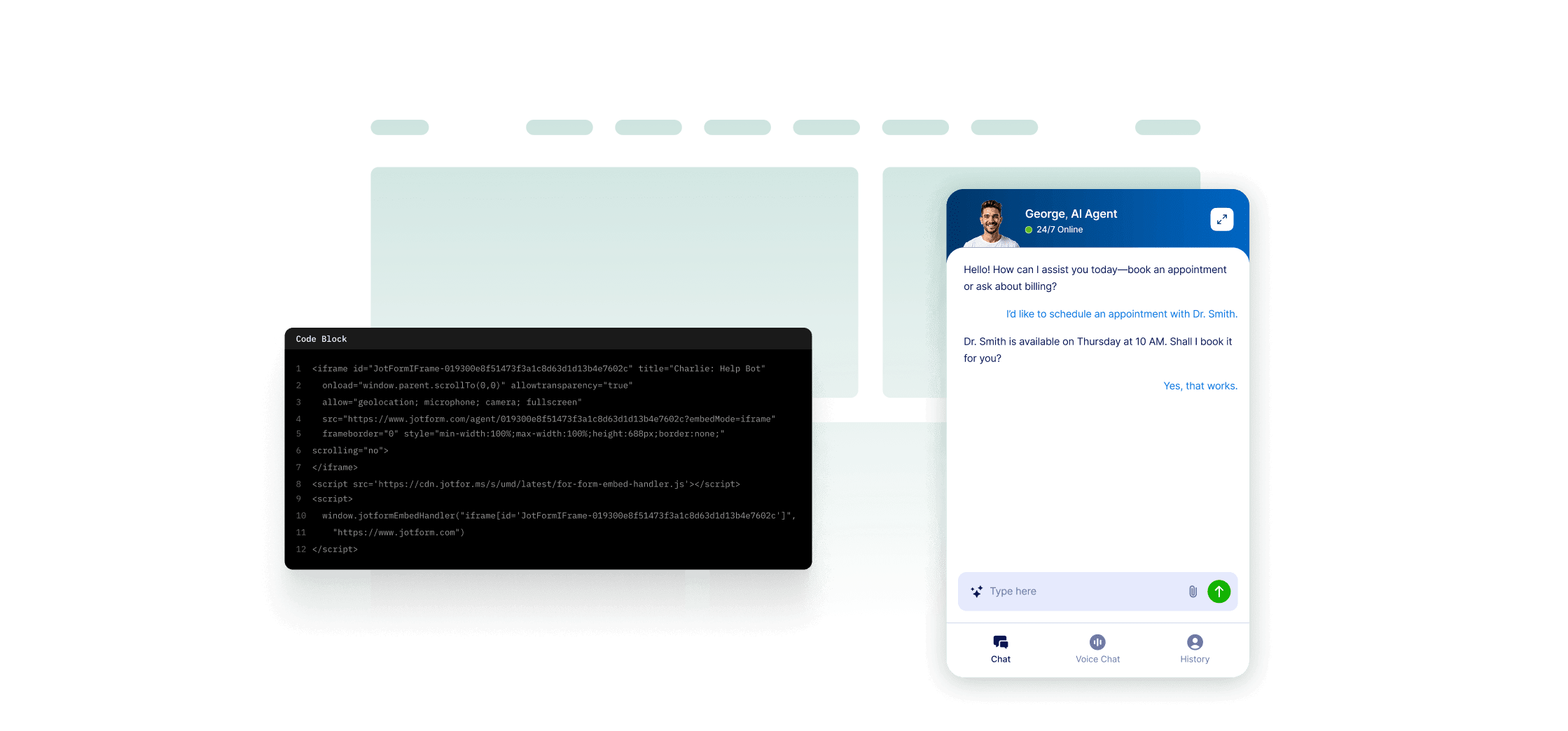 Embed code and AI Chatbot screen side by side