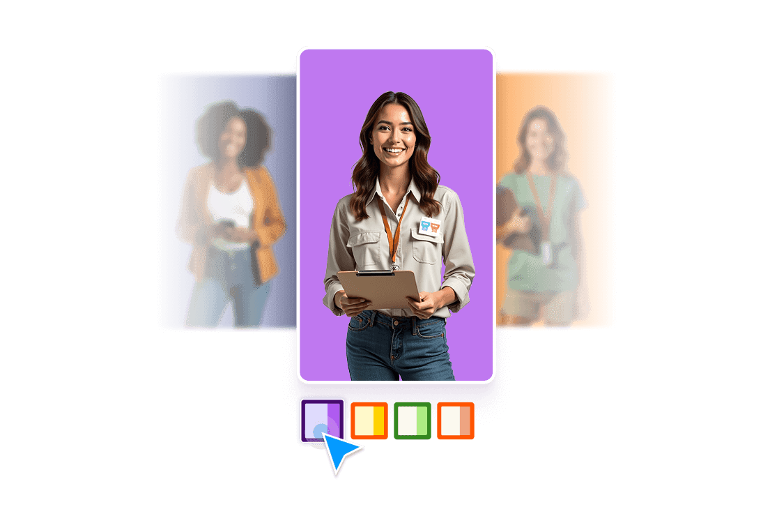A woman is smiling and next to her there are blocks that indicates different customization options