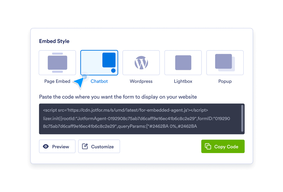 Embed options and embed code screen