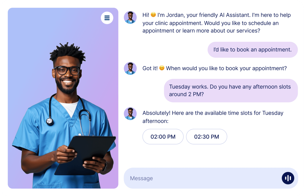 Jform Standalone chat screen that shows conversation between Jordan, AI Assistant and a patient about appointment booking
