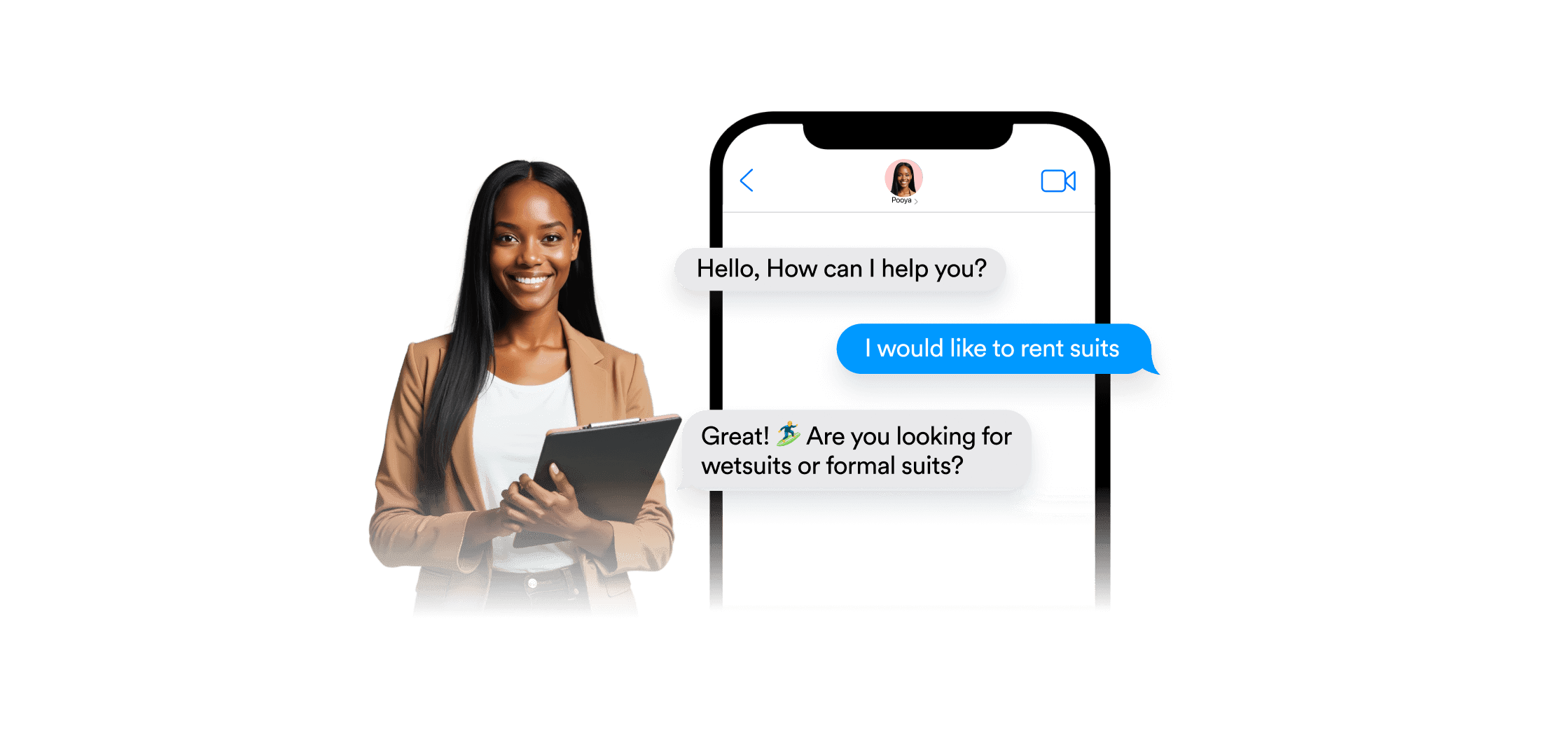 A woman smiling and next to her, a phone screen showing conversation about renting suit