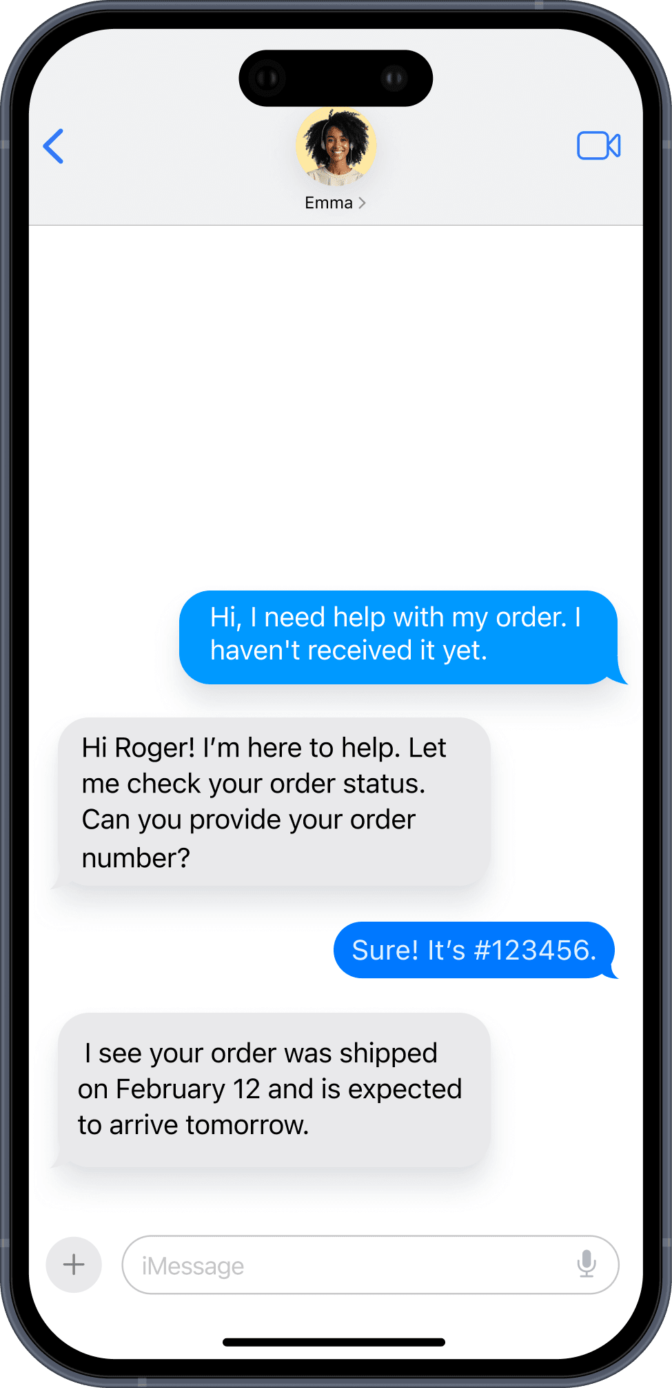 A phone screen shows conversation between AI agent and customer about order process
