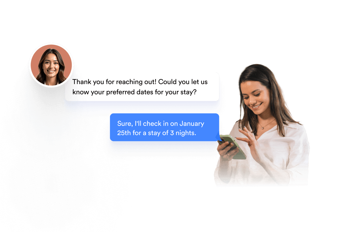 A woman holds a mobile phone next to her conversation boxes indicate conversation between her and AI agent