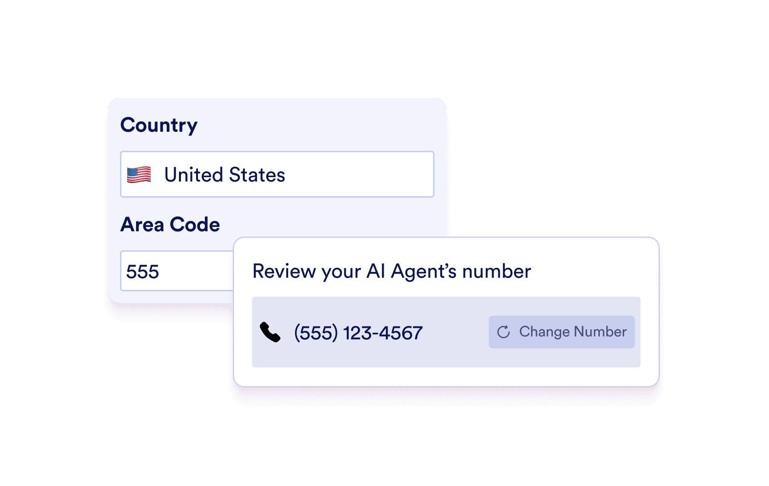 2 boxes indicate selection of country, area code, and AI agents number
