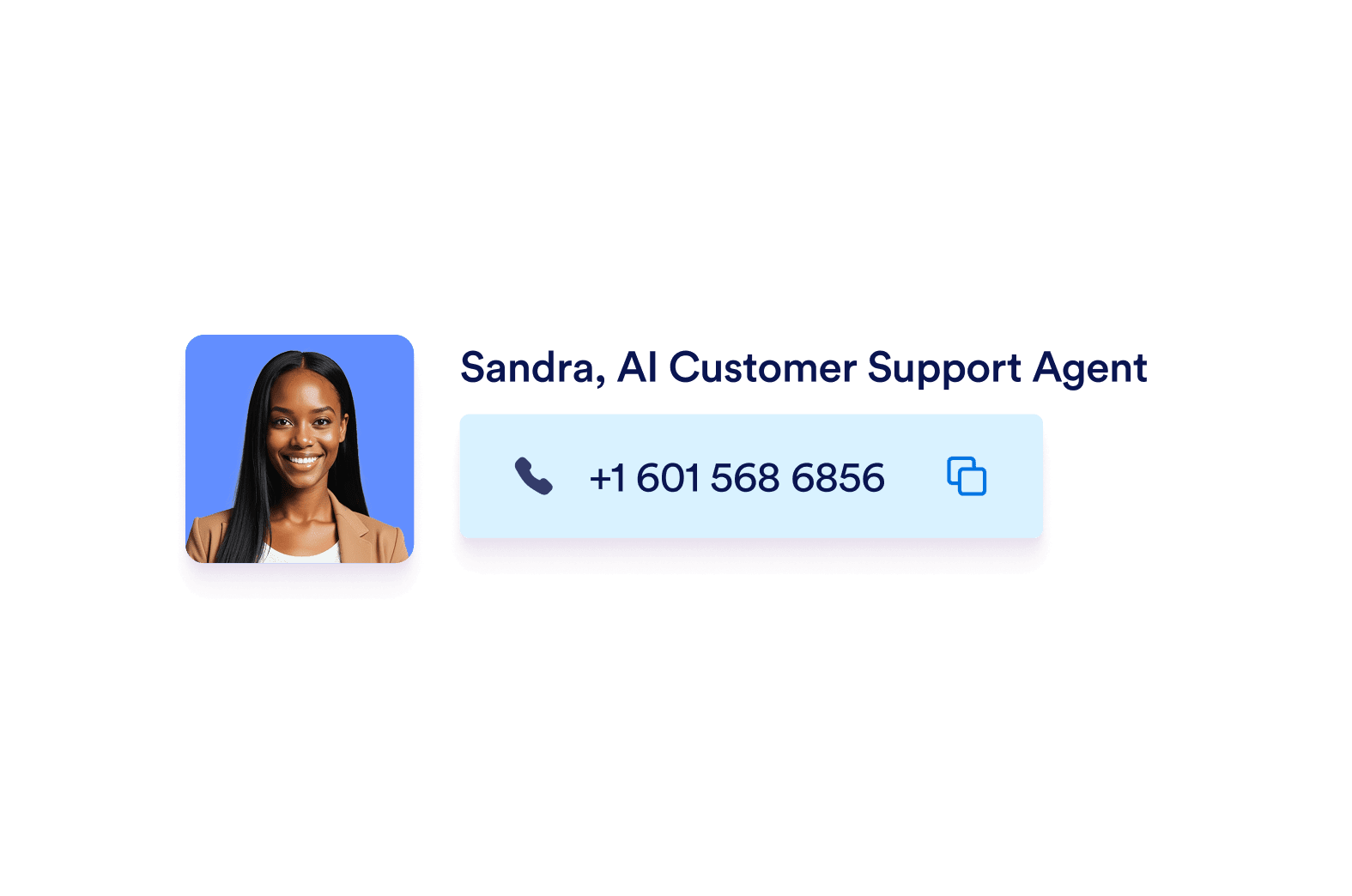 Sandra, AI customer support agents image and it's phone number