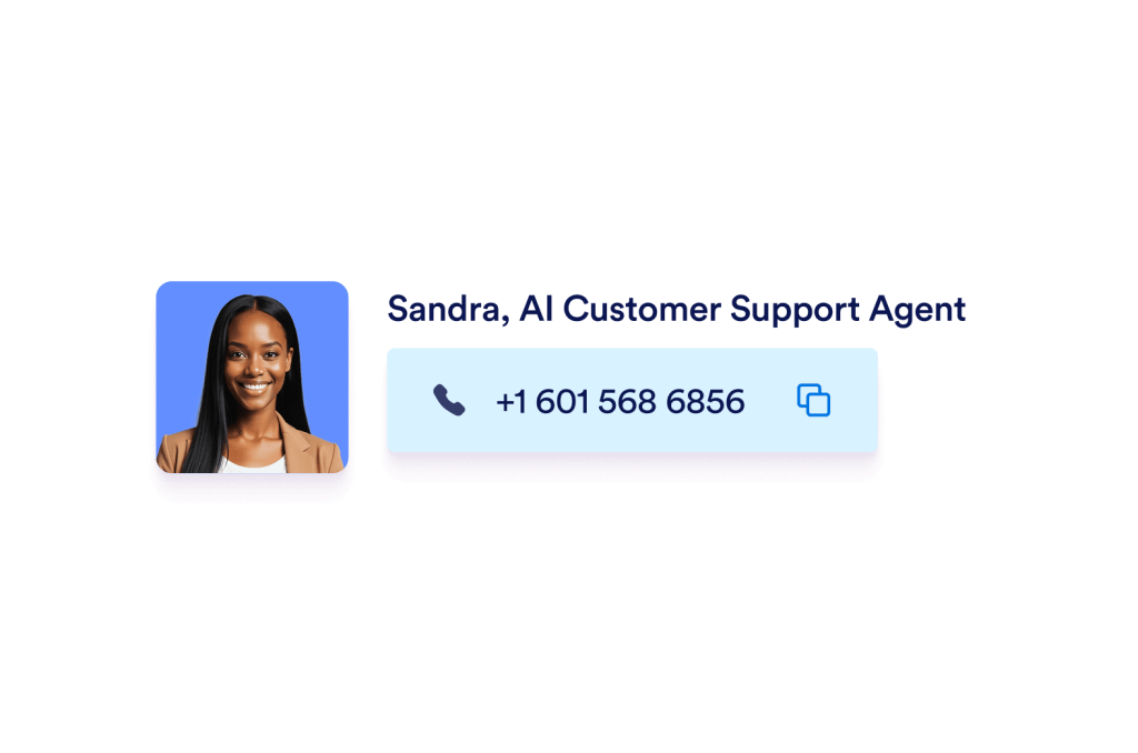 Sandra, AI customer support agents image and it's phone number