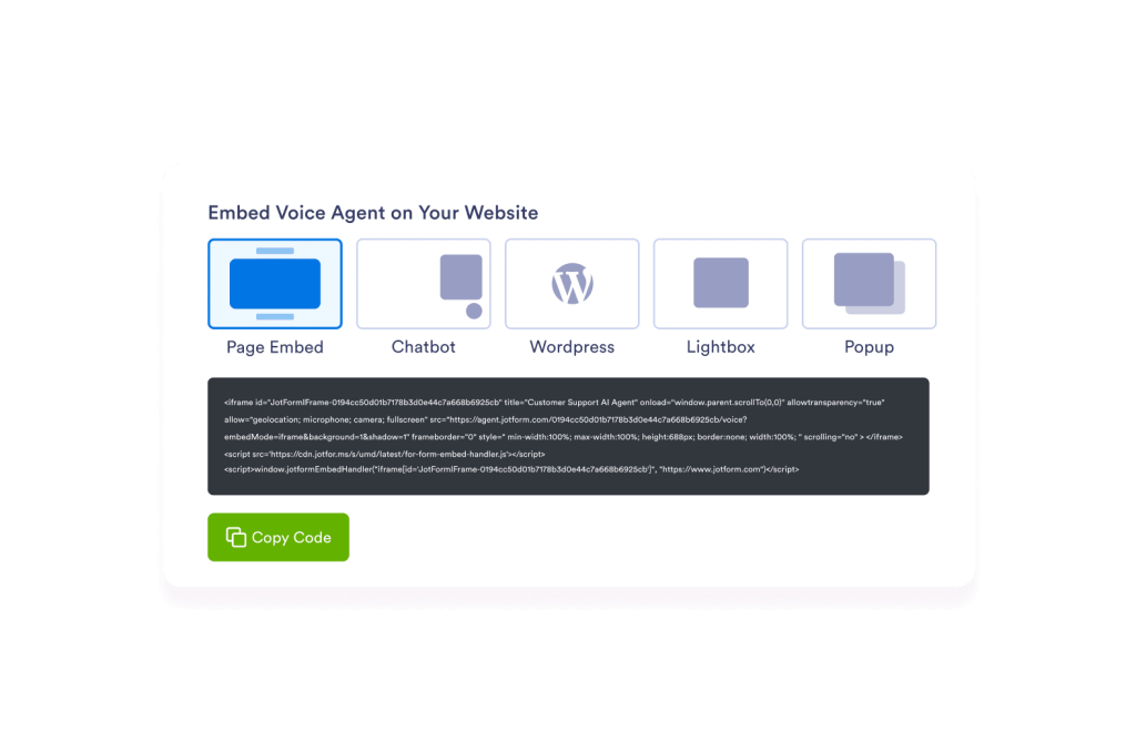 Voice Agent embed options screen
