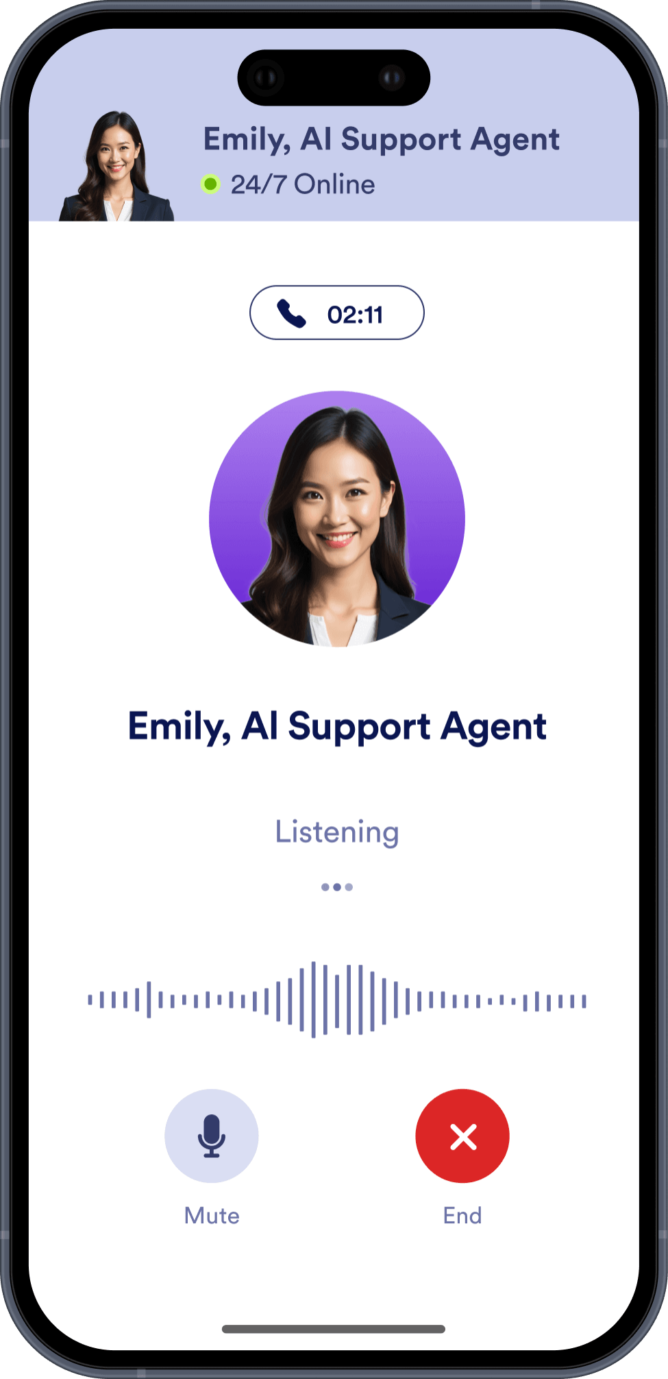 A phone screen that shows ongoing AI support agent voice conversation