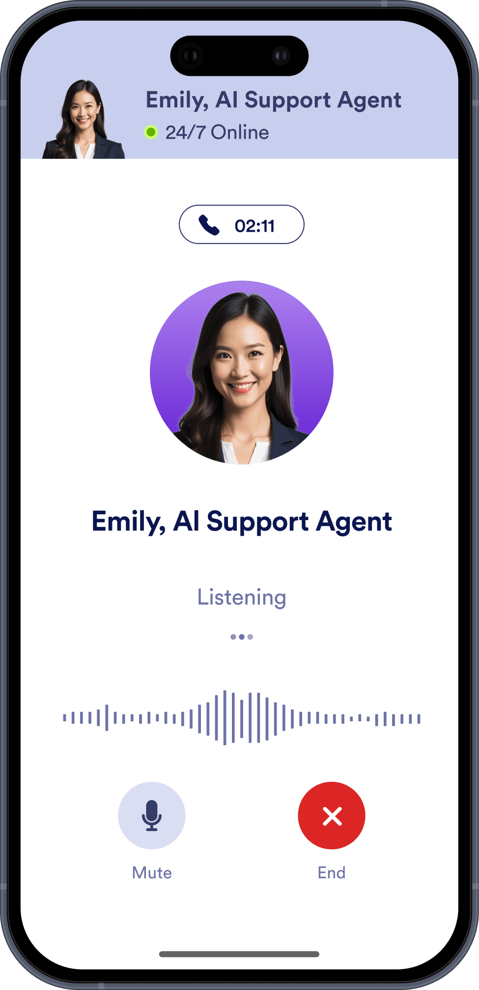 A phone screen that shows ongoing AI support agent voice conversation