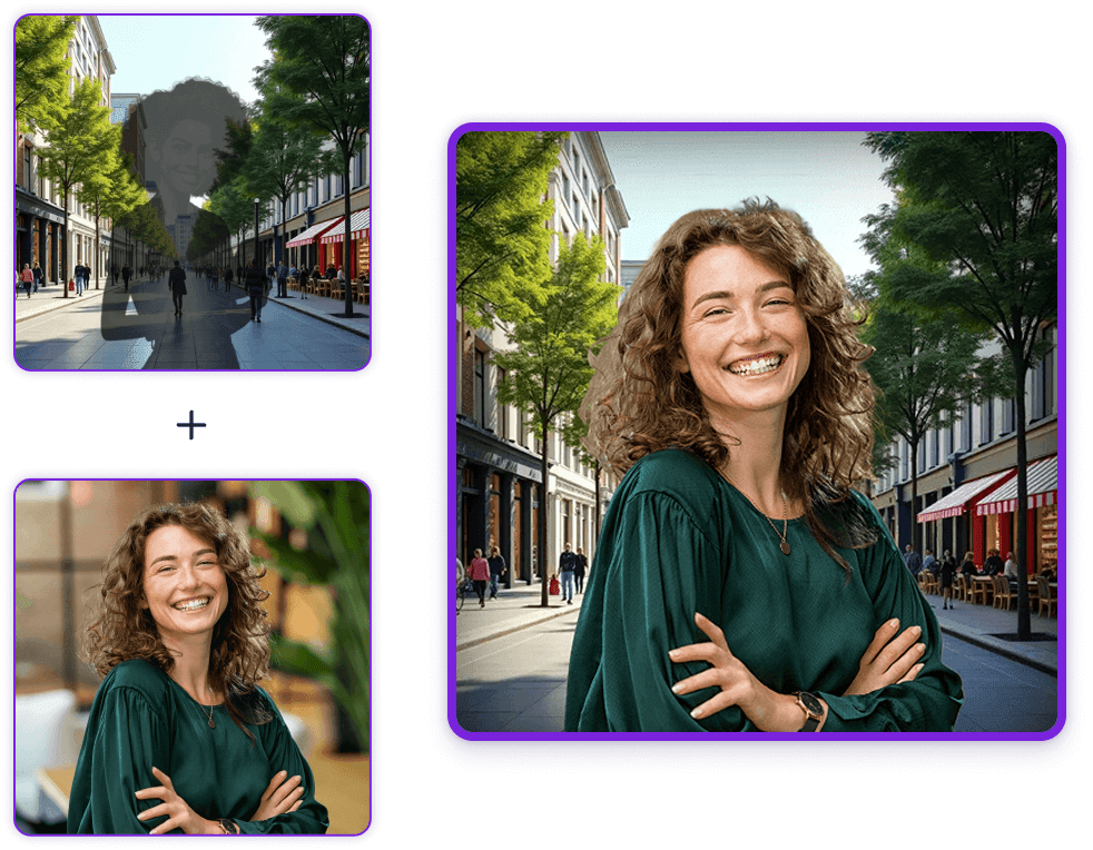 Blank scenery picture and woman picture, next to them mixed version of these 2 images