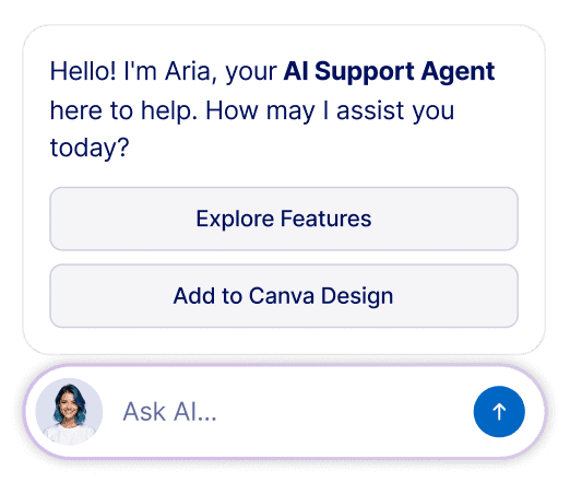 AI support chatbot greeting with action buttons in Canva