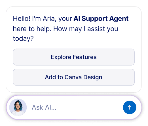 AI support chatbot greeting with action buttons in Canva