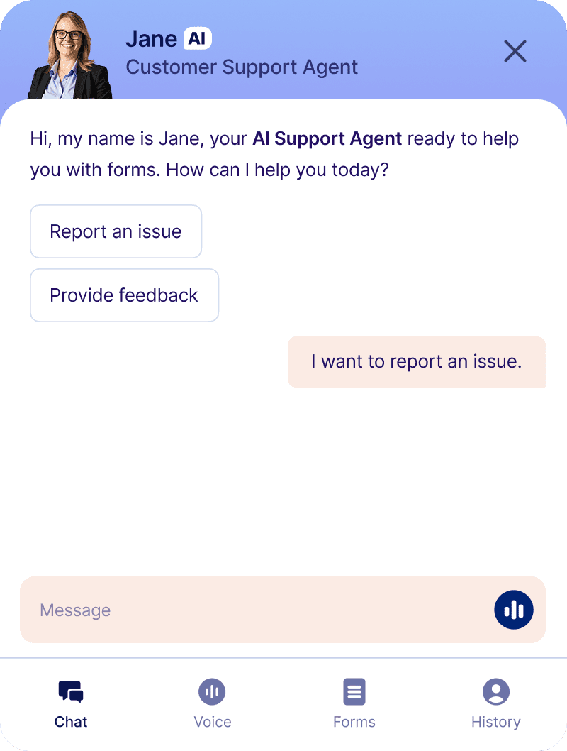 A mobile chat screen showing an AI support agent named Jane offering help with reporting issues or providing feedback.
