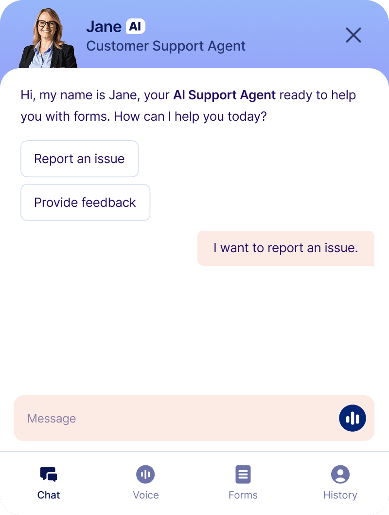 A mobile chat screen showing an AI support agent named Jane offering help with reporting issues or providing feedback.