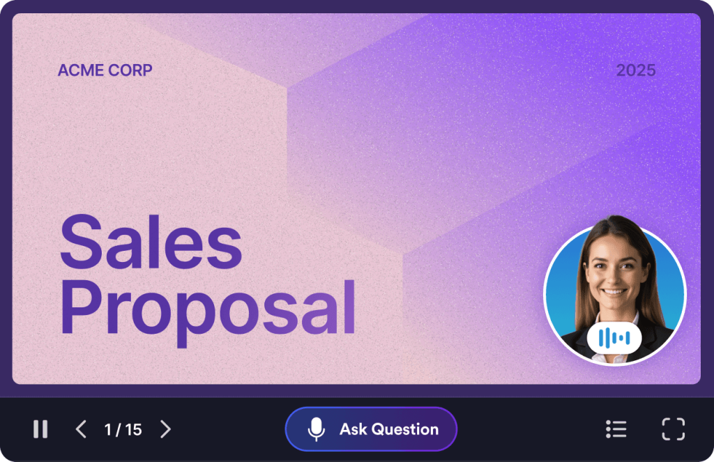 A mobile presentation screen showing a ‘Sales Proposal’ slide with an AI presenter avatar and navigation controls.