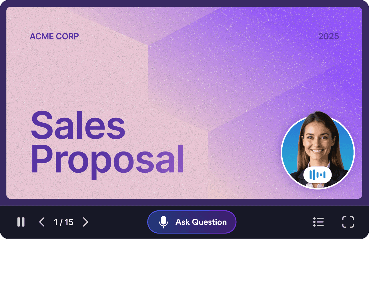 A presentation screen titled ‘Sales Proposal’ with an AI presenter avatar and controls for navigating and asking questions.