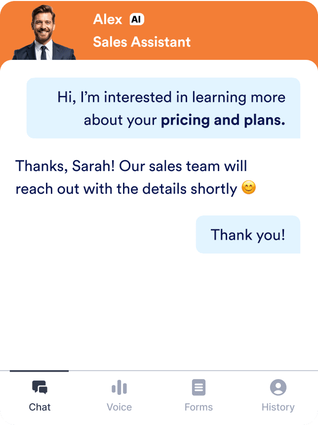 Mobile chat screen showing an AI sales assistant named Alex replying to a customer asking about pricing and plans.