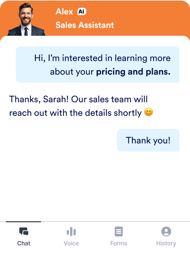 Mobile chat screen showing an AI sales assistant named Alex replying to a customer asking about pricing and plans.