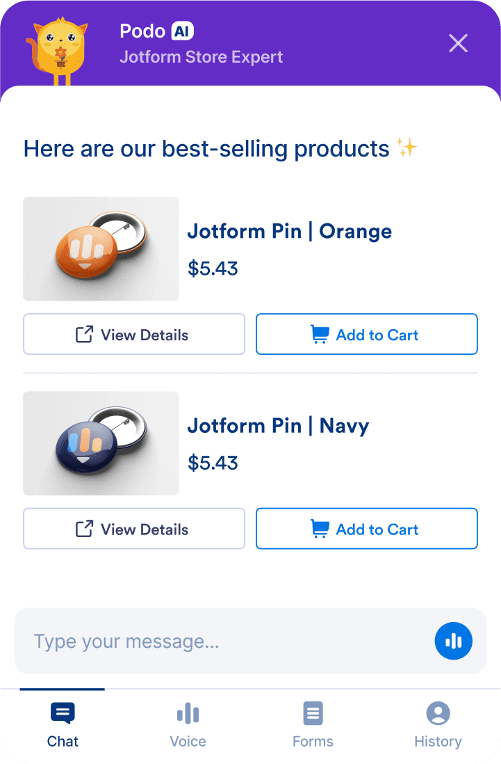 A chat screen showing an AI Shopify store agent listing best-selling products with options to view details or add to cart.