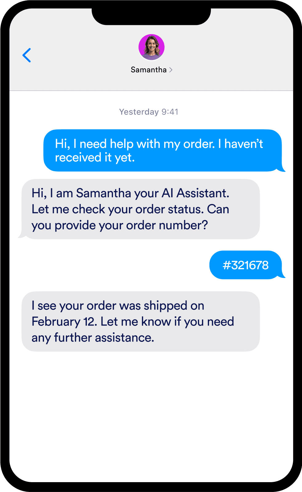 A phone screen that has a SMS conversation with an AI Agent