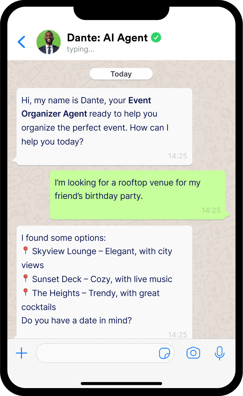 WhatsApp screen showing chat with AI agent